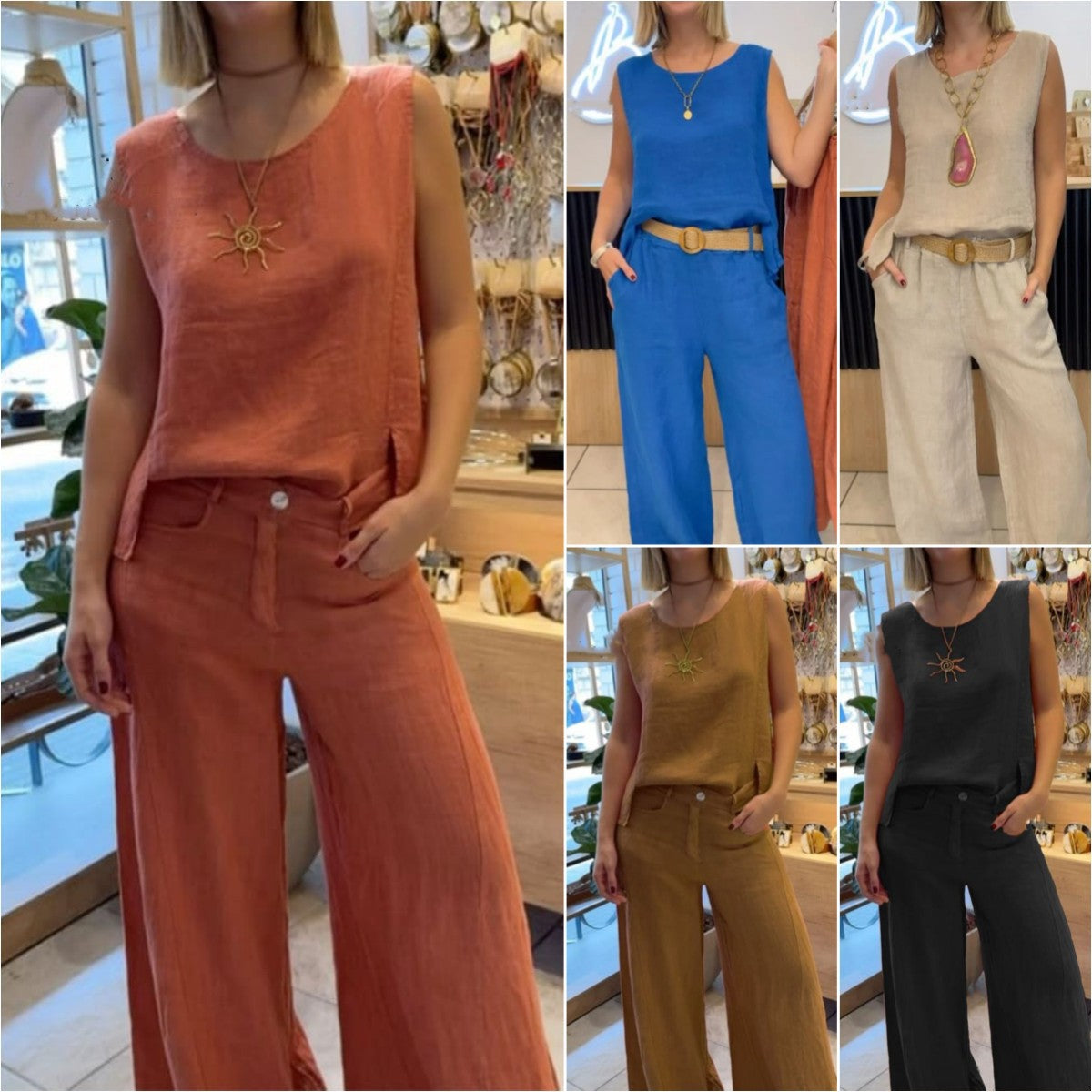 Women's Summer Cotton Linen Solid Color Sleeveless Two-Piece Pantsuit Set