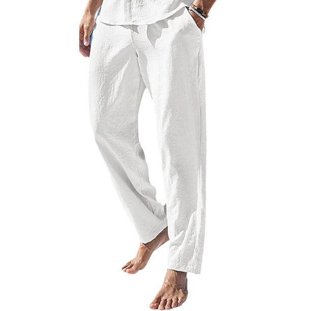 Cotton Linen Drawstring Elastic Waist Casual Trousers
