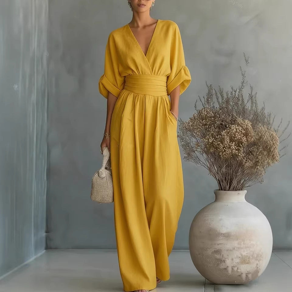 Elegant V Neck Waist Cinching Women Jumpsuit
