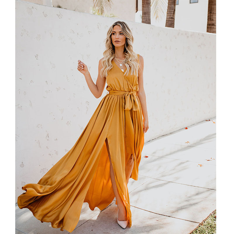 2026 Cross-Border Plus-Size Women's New Bohemian Style Solid Color V-Neck Sleeveless High-Slit Plus-Size Long Dress