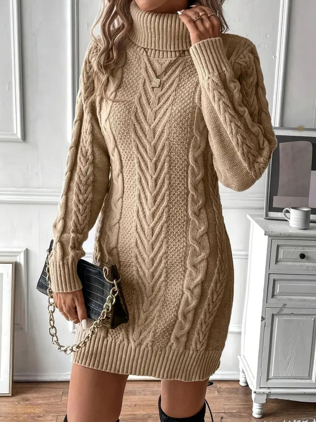 Women's Elegant Twist Knit High Neck Long Sleeve Bodycon Sweater Dress