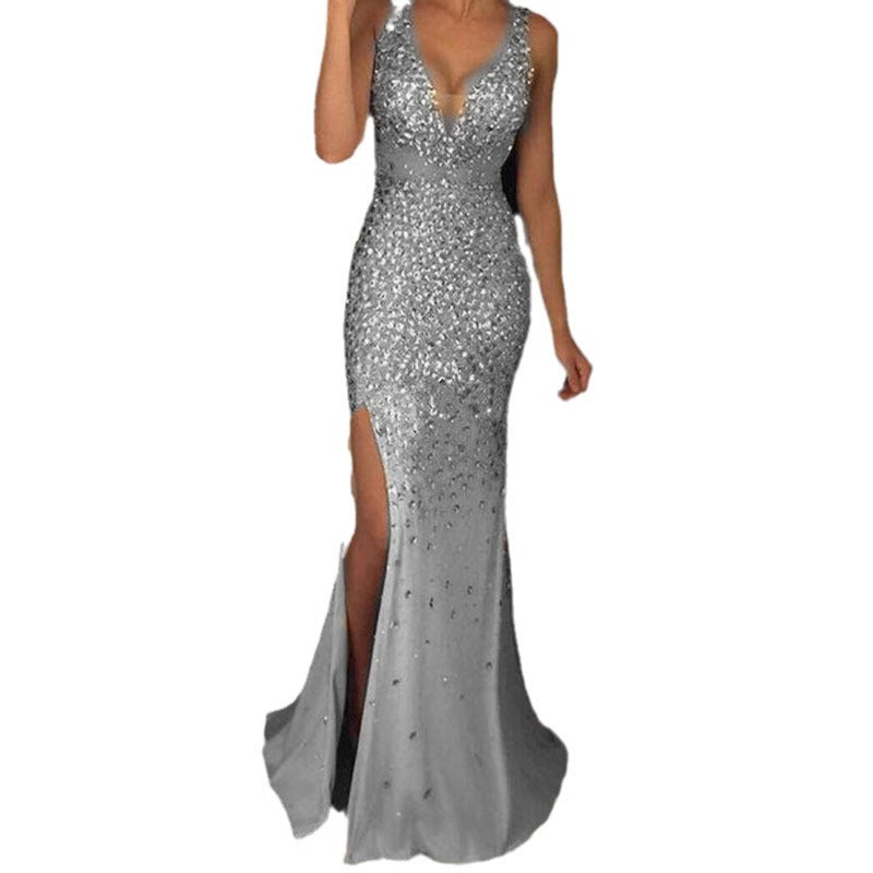 2027 New European and American Cross-Border Women's Clothing Amazon Long Dress with Straps, V-Neck, Slit, and Gold Embellishments