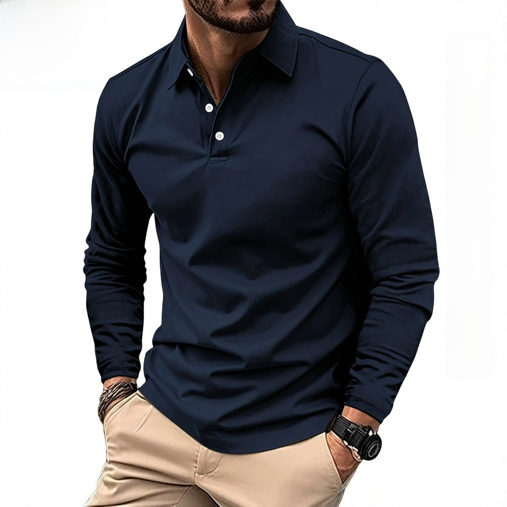 Mens Long Sleeve Solid Color Polo Shirt Casual Cotton Blend Button Down