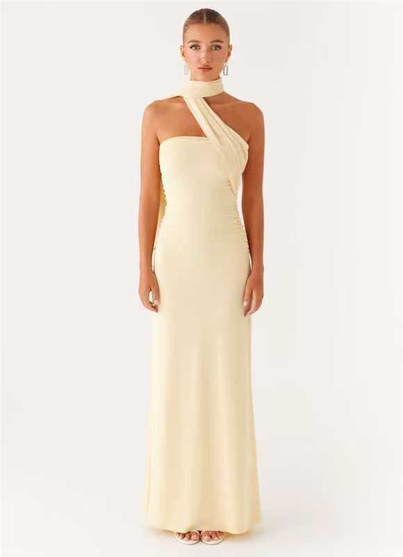 Neck-Wrap Ribbon Dress with Side Pleats