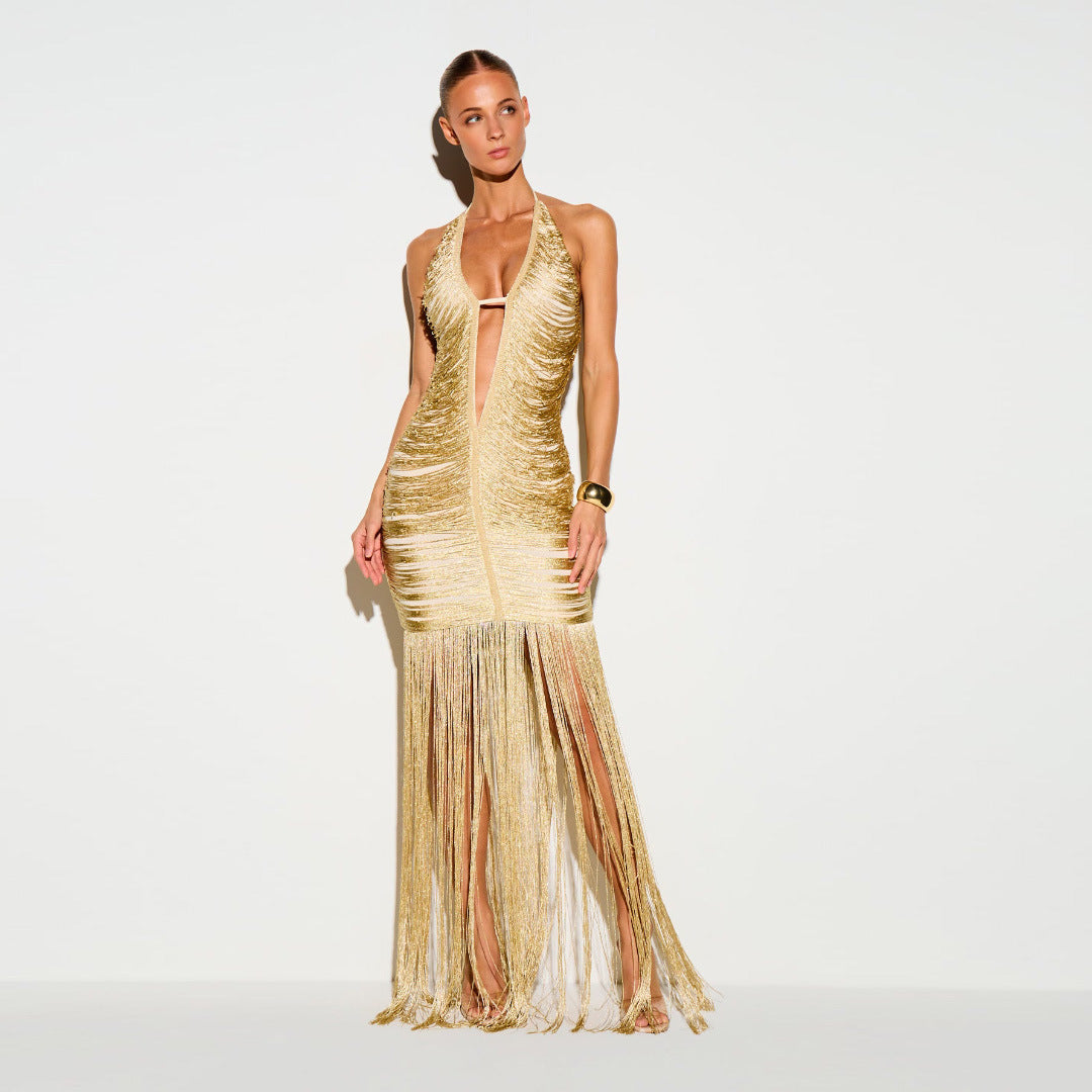 Sexy strapless deep V-neck long dress