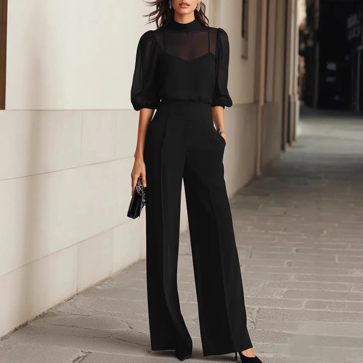 Women's Sheer Patchwork Wide-Leg Pants Set Two-Piece Outfit