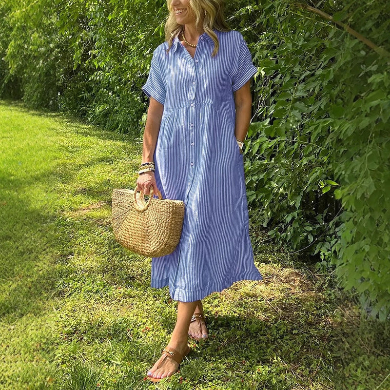 Womens Striped Short Sleeve Shirt Dress Casual Cotton Linen Midi Dress