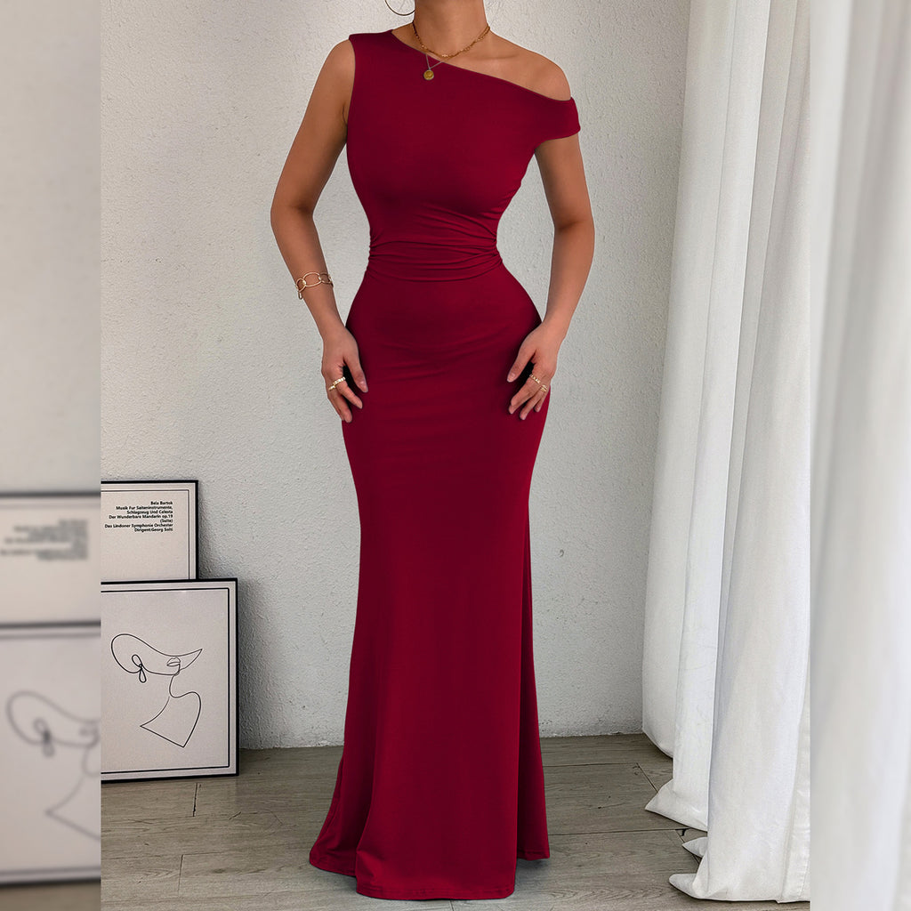 One-Shoulder Fishtail Hem Pleated Waist Long Sleeveless Dress