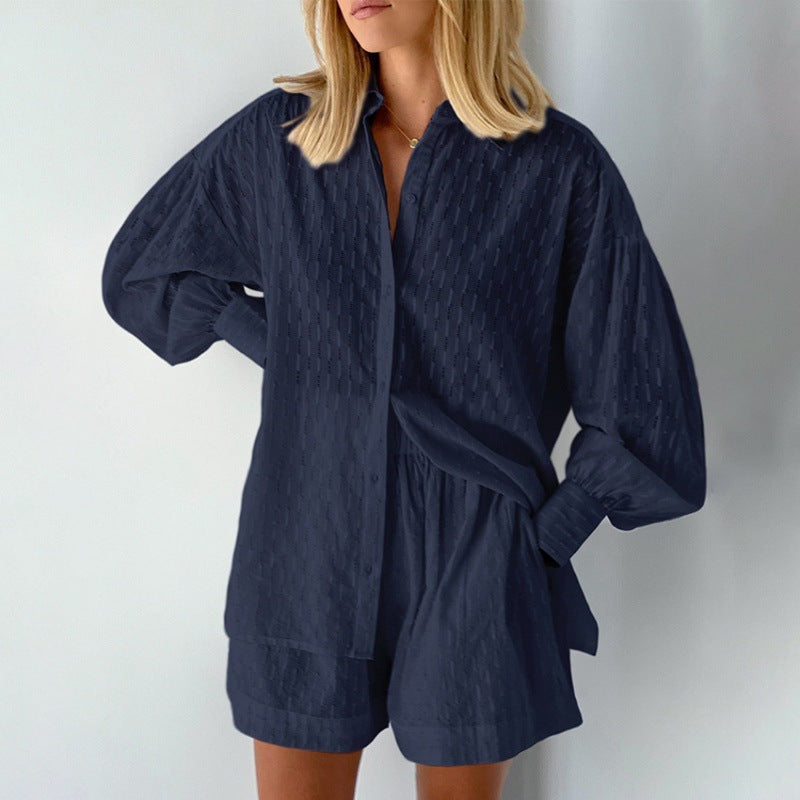 Women's Jacquard Puff Sleeve Shirt and Shorts Two-Piece Set
