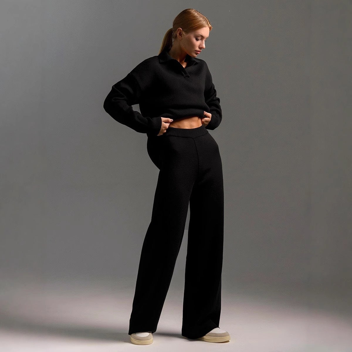 Women's casual long-sleeved solid-color sports outfit