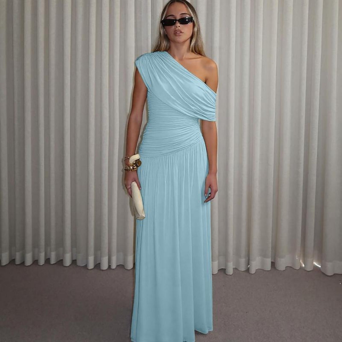 Slant Collar Pleated Dress