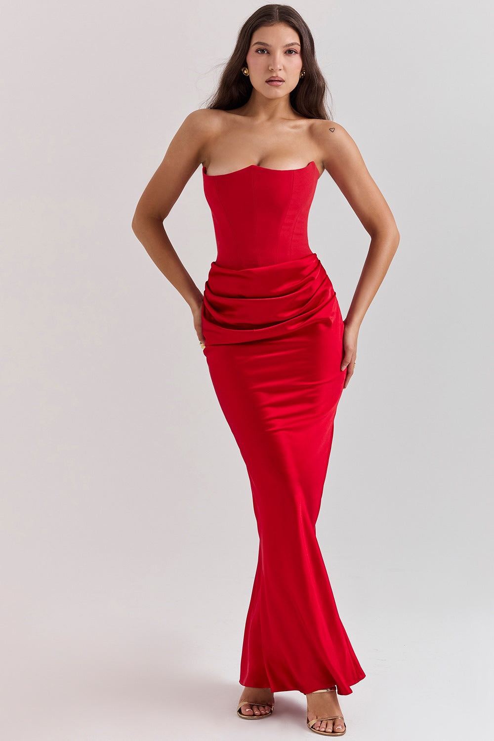 Women's Off-Shoulder Corset Pleated Bodycon Satin Maxi Dress