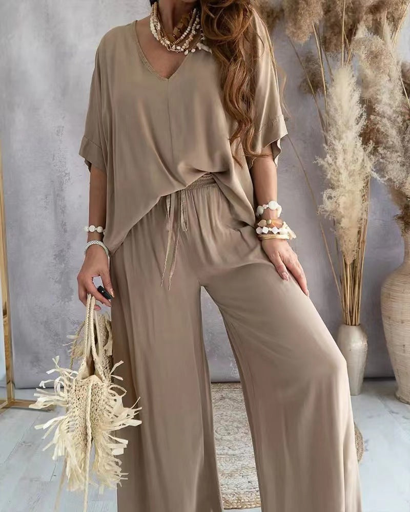 Womens V-Neck Bat Sleeve Wide Leg Pants Set