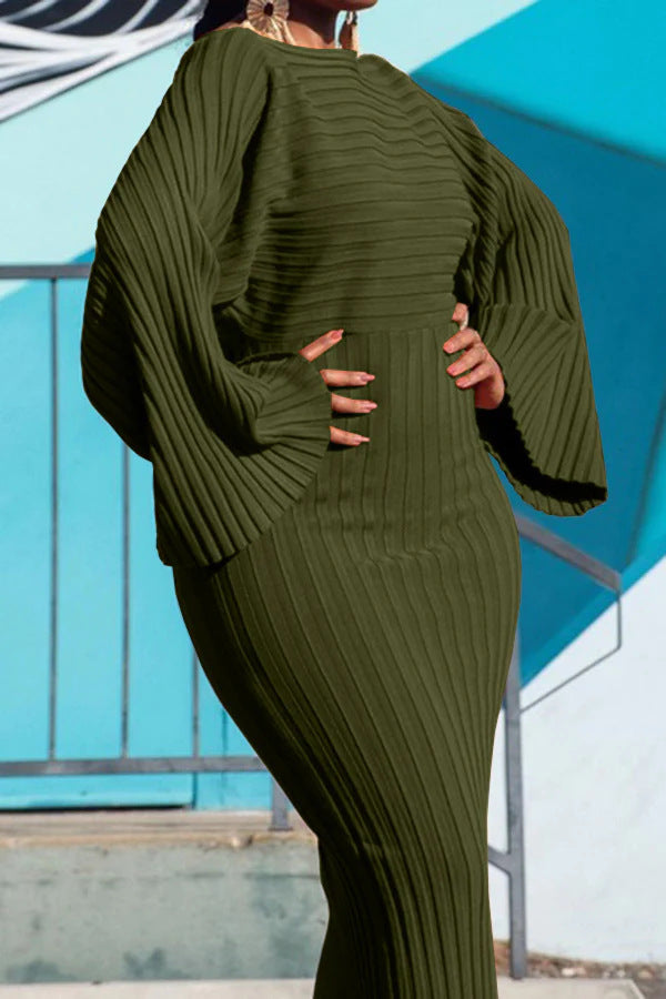 Women's Ribbed Knit Long Sleeve Bell Sleeve Bodycon Dress