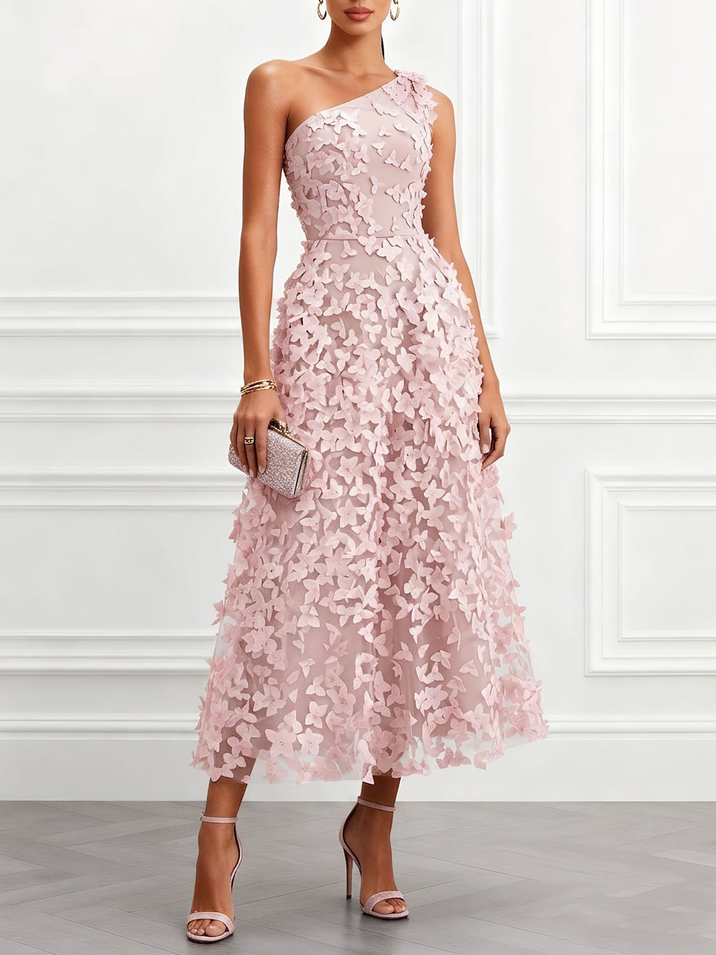 Women's One-Shoulder 3D Floral Embroidery High-Waist Summer Dress
