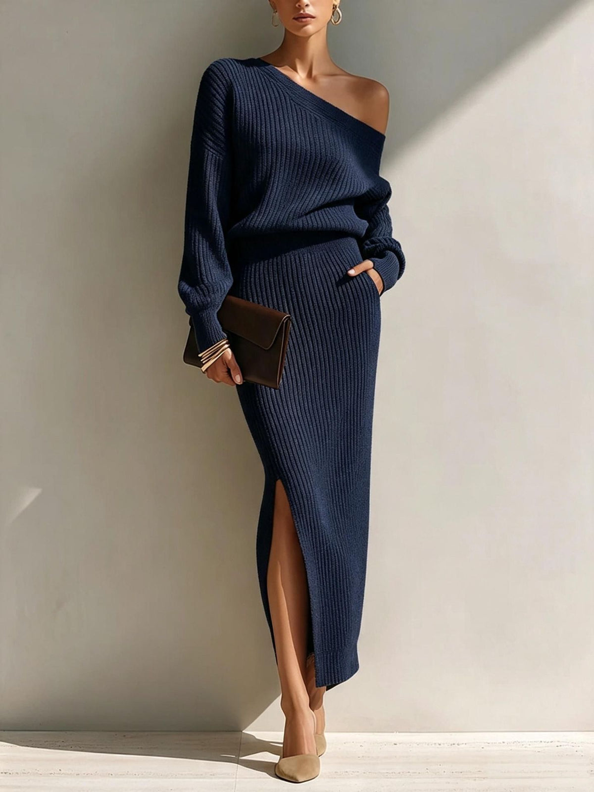 Women's Asymmetrical Shoulder Ribbed Knit Top and Slit Long Skirt Set