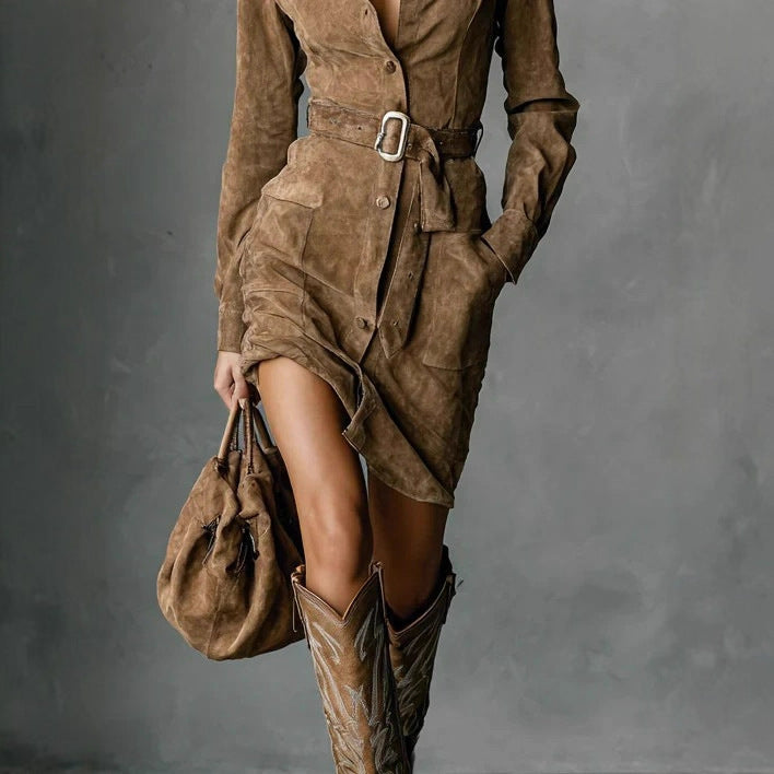 Long-Sleeve Shirt Dress with Belt