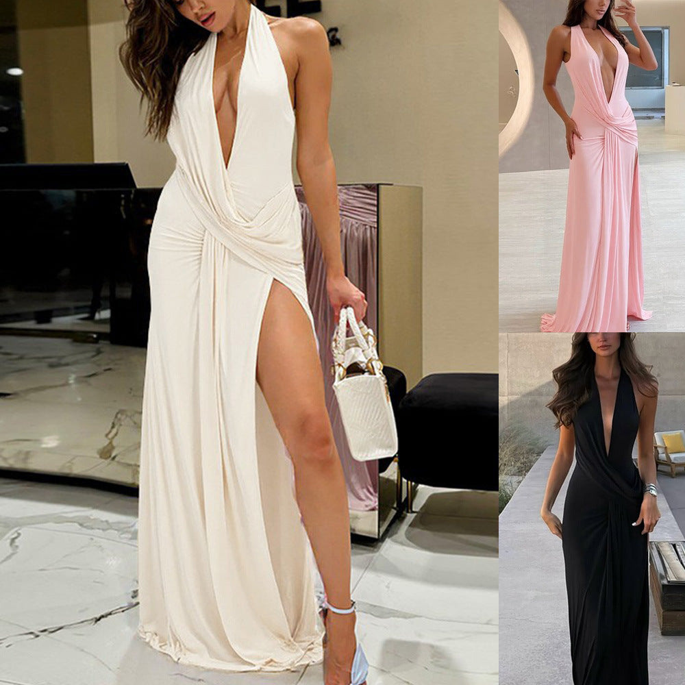 Womens Deep V Halter Backless Slit Dress