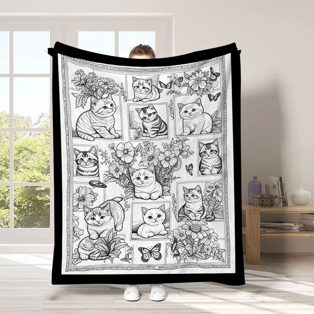 Black and white line-drawn graffiti rug