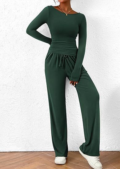 Women Asymmetric Long Sleeve T-Shirt and Wide Leg Pants Set