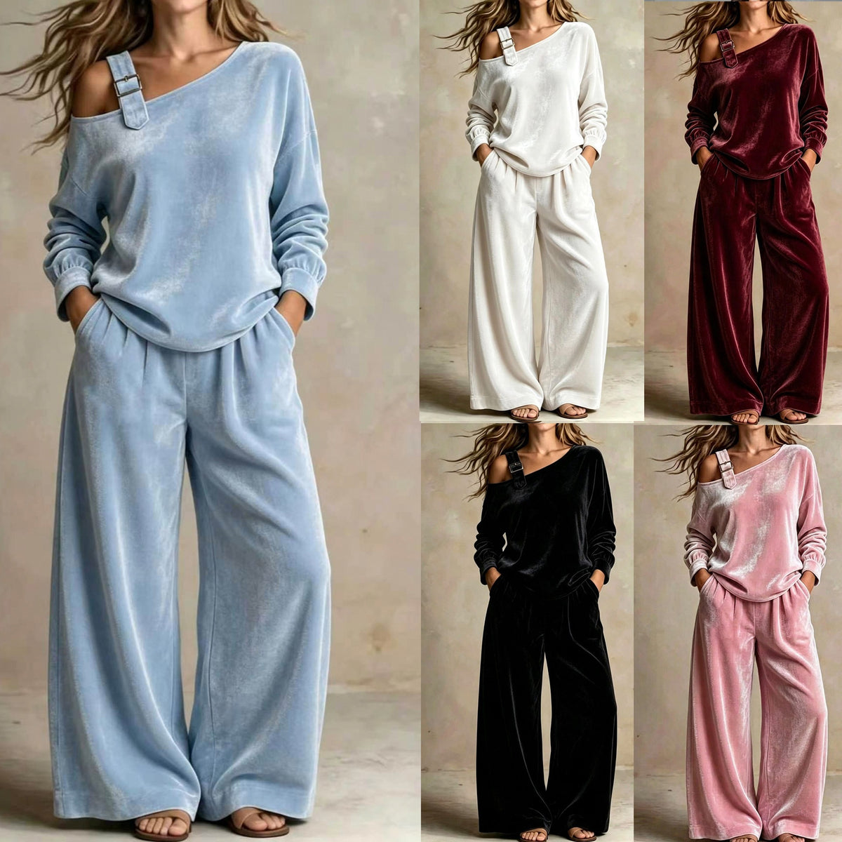 Women's Velvet One-Shoulder Long Sleeve Two-Piece Casual Pantsuit Set
