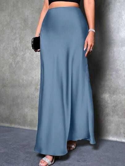 Simple, faux-silk long dress for women