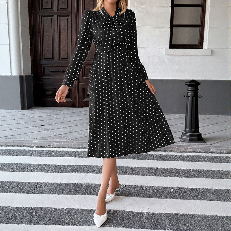 Retro Bow Collar Polka Dot Mid-Length Dress
