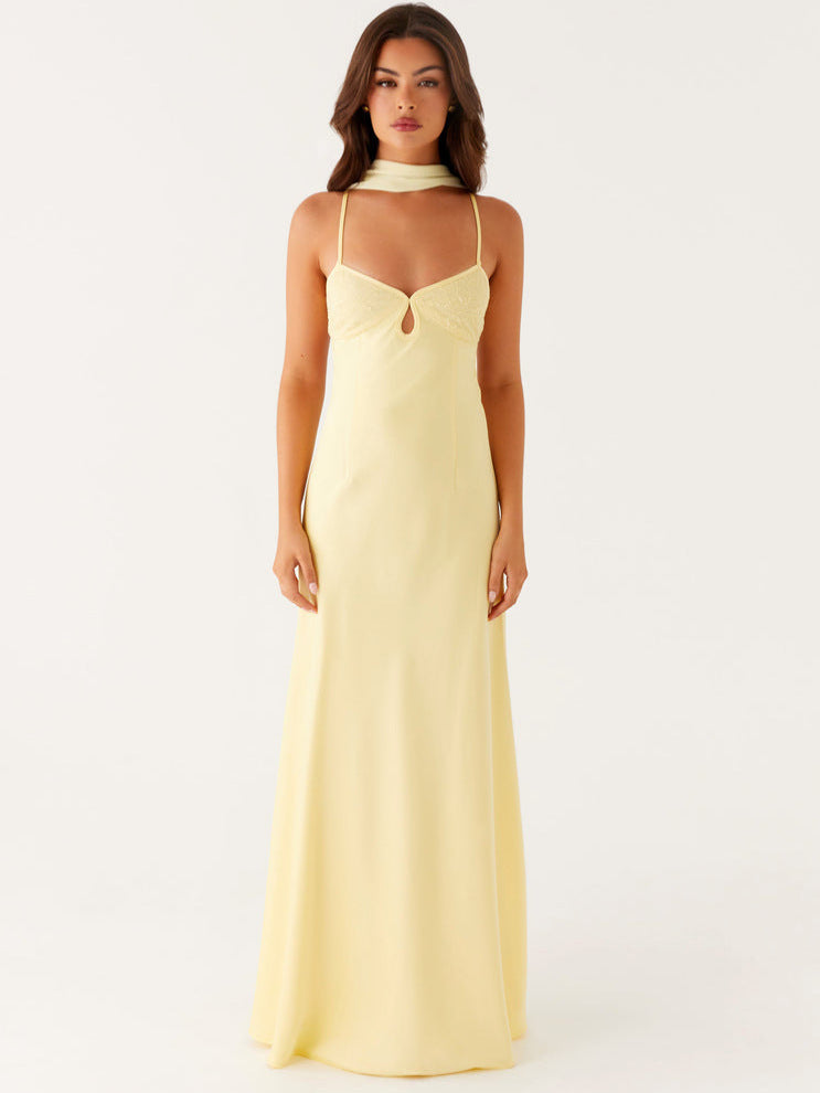 Elegant Satin V-Neck Tie-Back Long Dress