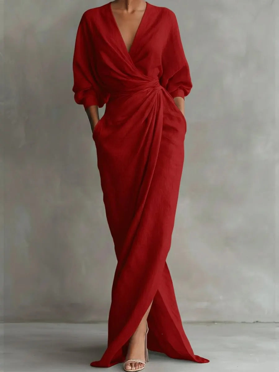 Solid-color V-neck long-sleeve slit waist-cinching dress with pockets