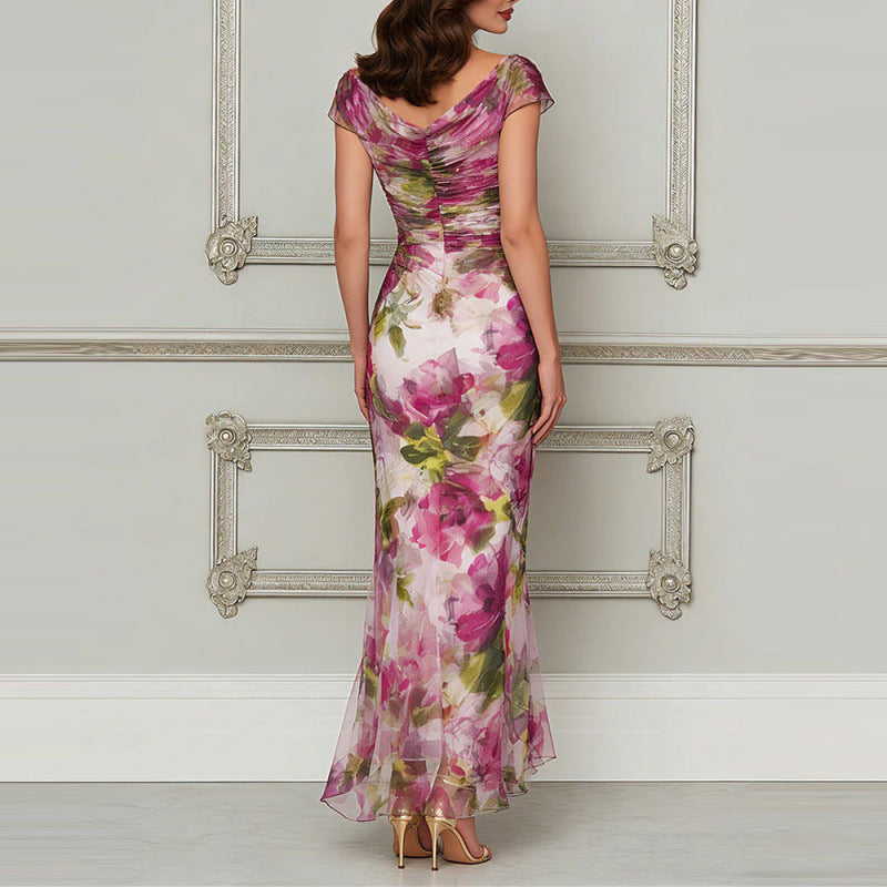Women's Summer Floral Print Fishtail Dress Slim Fit Swing Collar Short Sleeve Long Dress