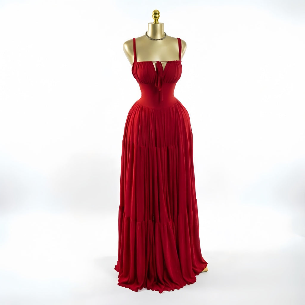 Elegant Pleated High-Waisted Long Dress with Straps