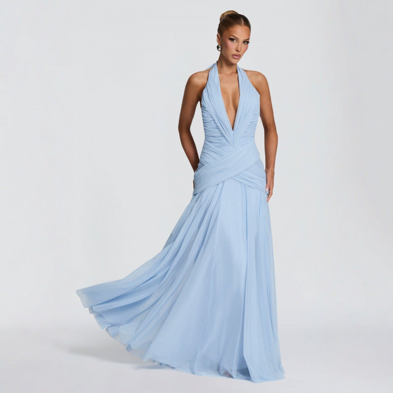 Womens Chiffon Deep V Neck Evening Gown