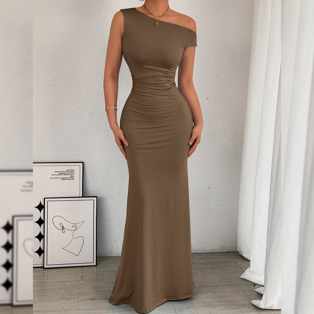 One-Shoulder Fishtail Hem Pleated Waist Long Sleeveless Dress
