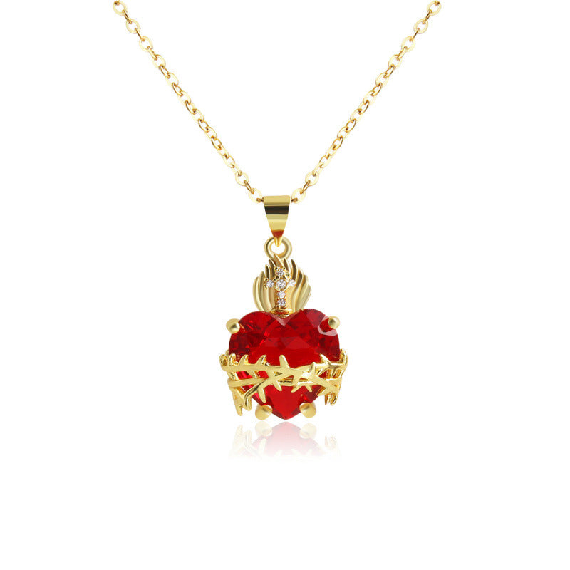 Vintage Sacred Heart Red Zircon Necklace