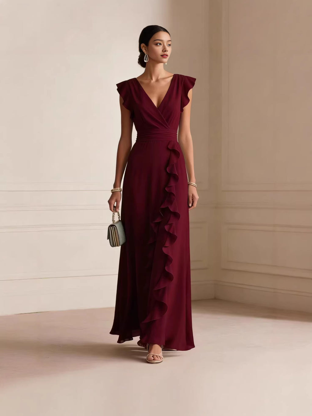 Solid Color, Ruched, Short-Sleeve, V-Neck, Dress, Chiffon Gown