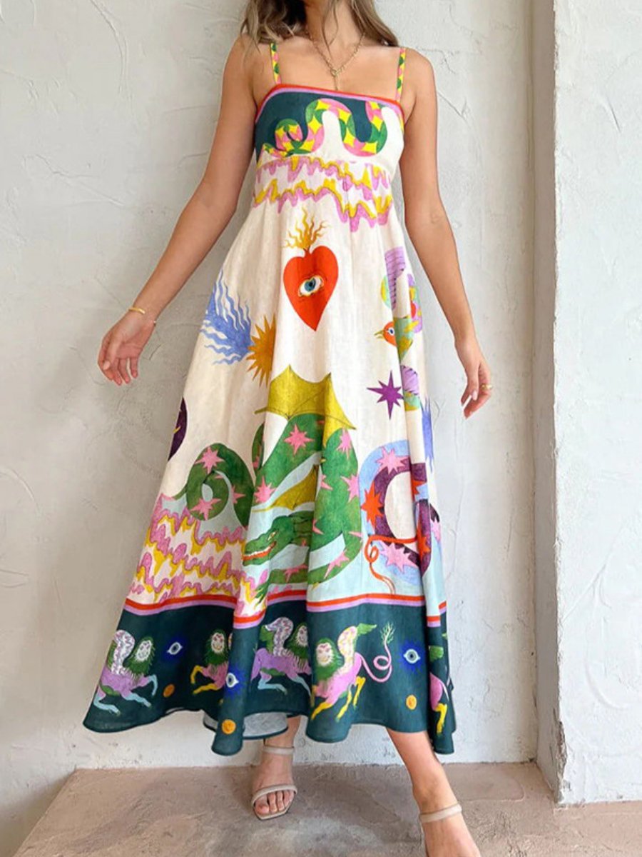 2026 Summer New Style Cross-Border European and American Resort-Style Dress, Elegant Long Printed Strap Dress