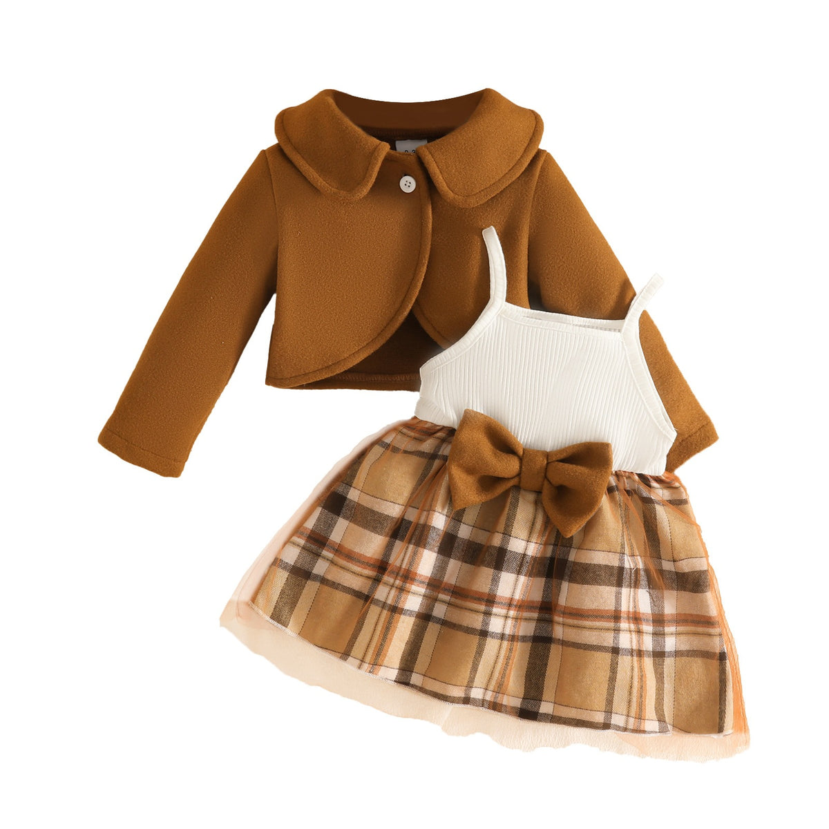 Baby Woolen Lapel Coat and Mesh Dress Set