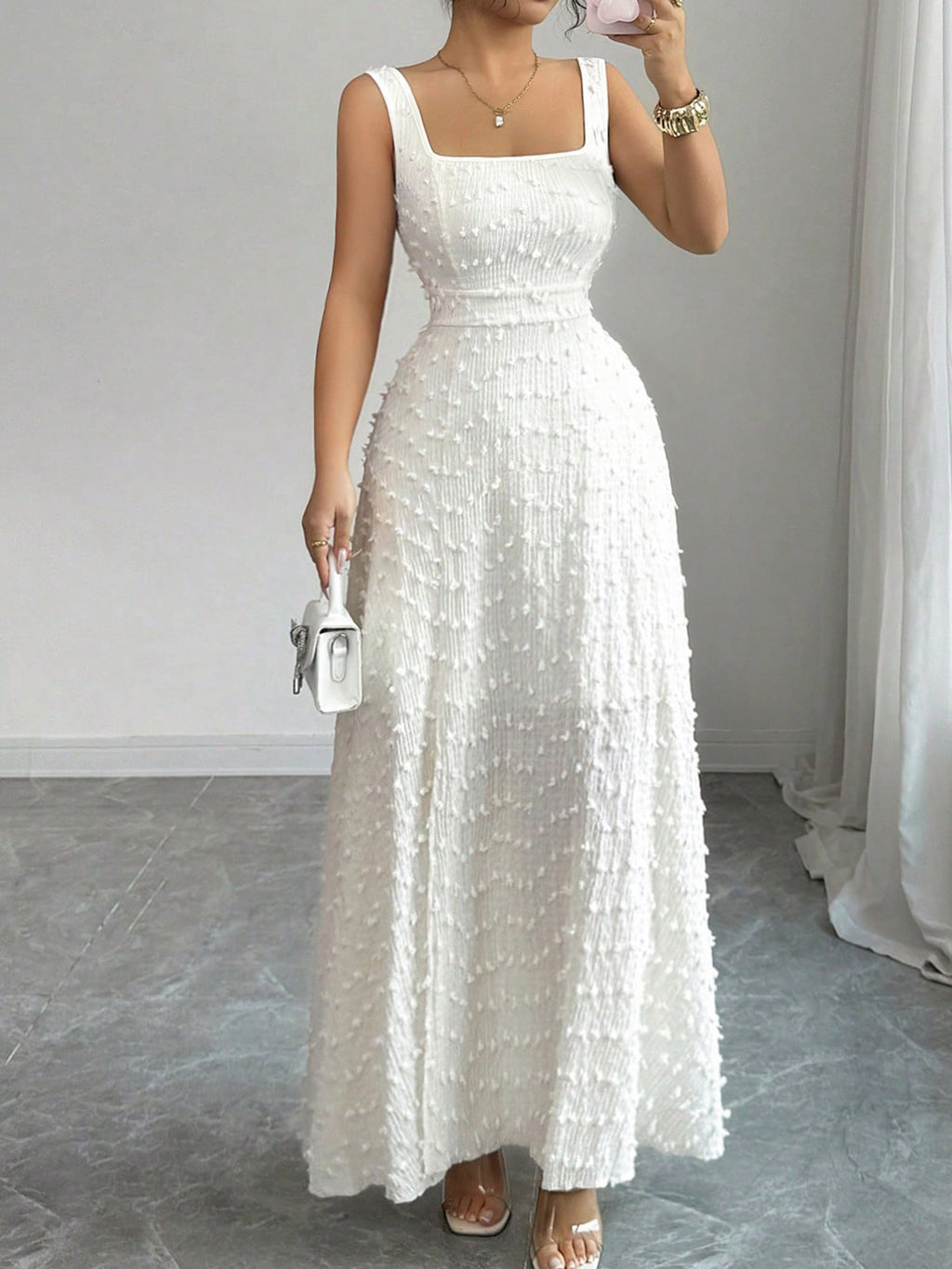 Square-Neck Jacquard Long Dress