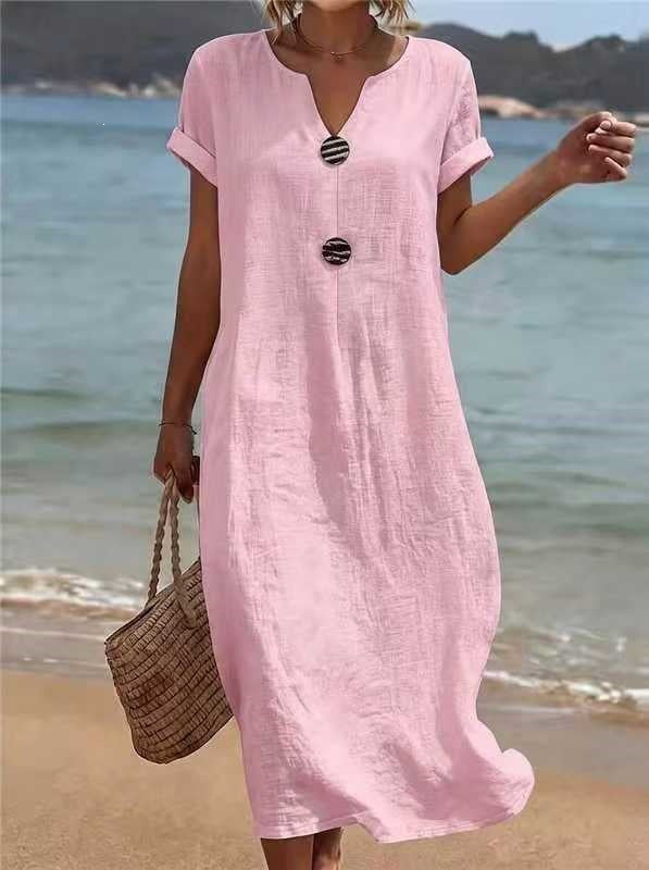 A casual solid-color cotton and linen dress for ladies