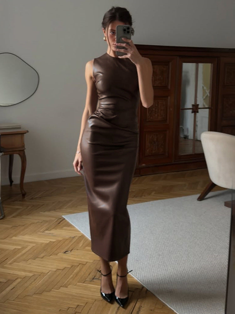 Women's Sleeveless Pleated PU Leather Long Dress