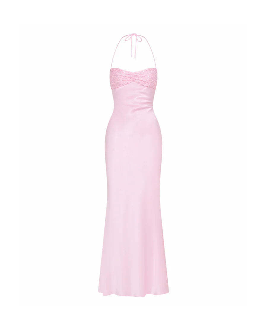 Sequined Satin Backless Lace-Up Slip Dress