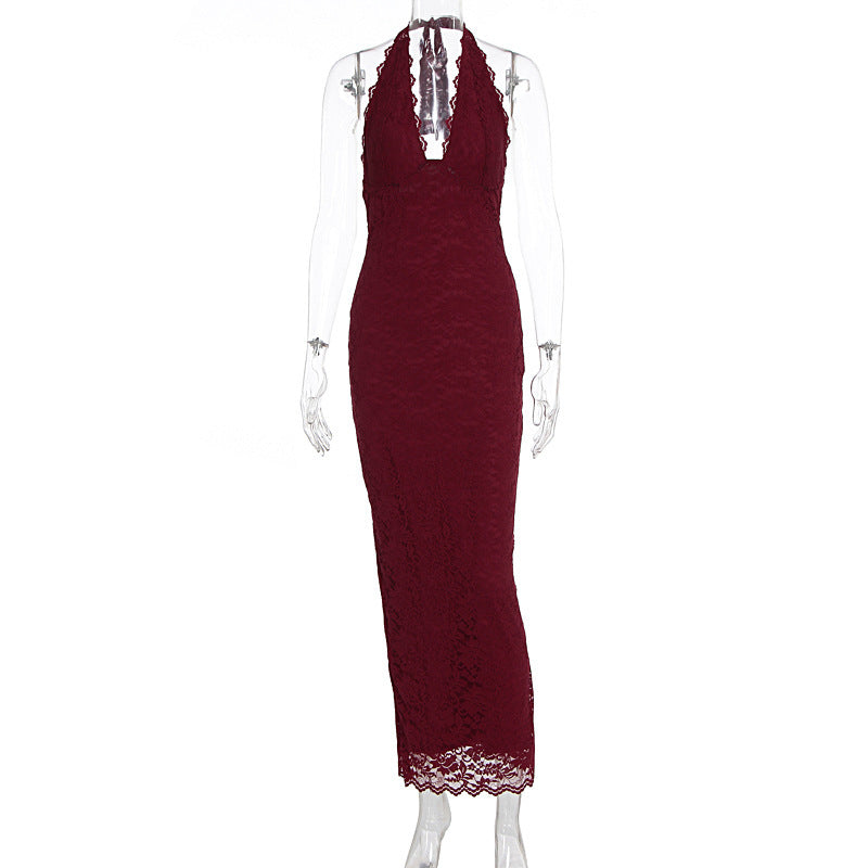 Women's Lace Halter Neck Bodycon Long Dress Sleeveless Backless V-Neck