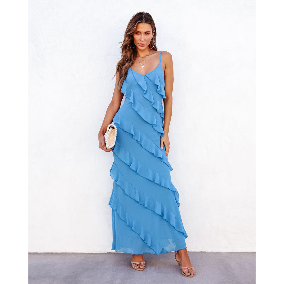 Women's Backless Suspender Dress Sleeveless Pleated Long Dress with Side Slit