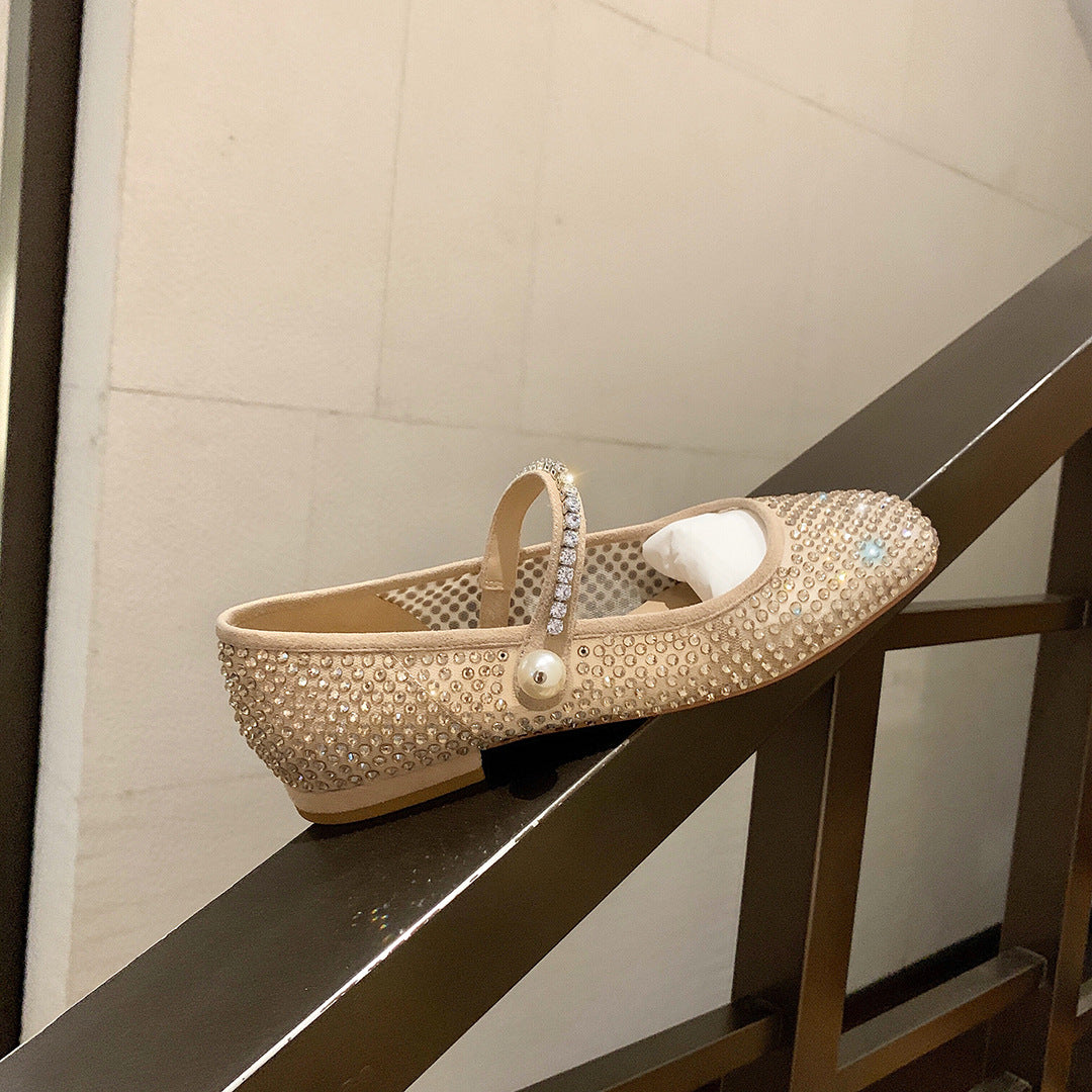 Elegant Square Toe Mesh Pearl Mary Jane Women's Shoes