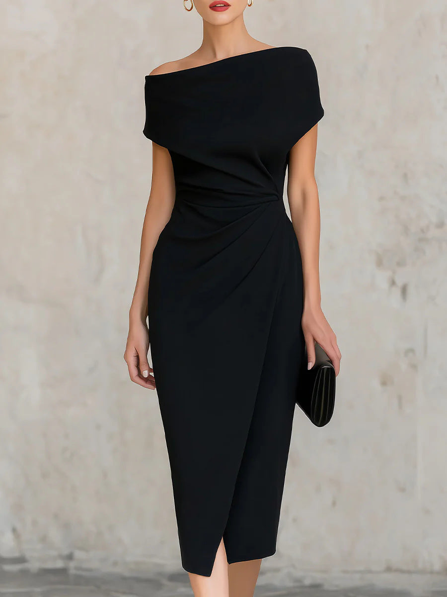 Off-shoulder waist pleated dress elegant dress dress womenOff-shoulder waist pleated dress elegant dress dress women
