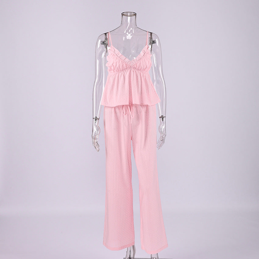 Summer New European and American Style Pure Cotton Pajama Set, Jacquard Camisole and Long Pants Two-Piece Set, Exclusively for Women's Loungewear, Available for Cross-Border Sales