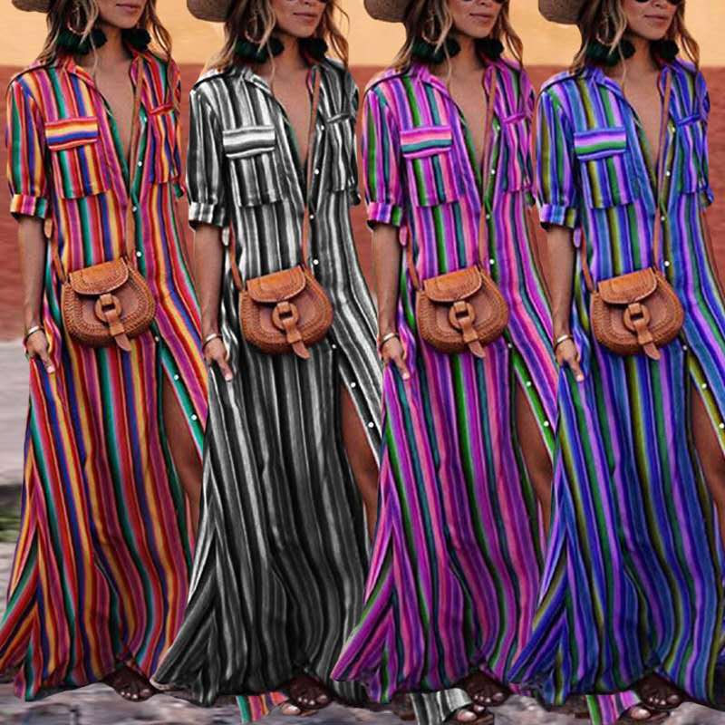 Womens Short Sleeve Stripe Shirt Dress Single Breasted