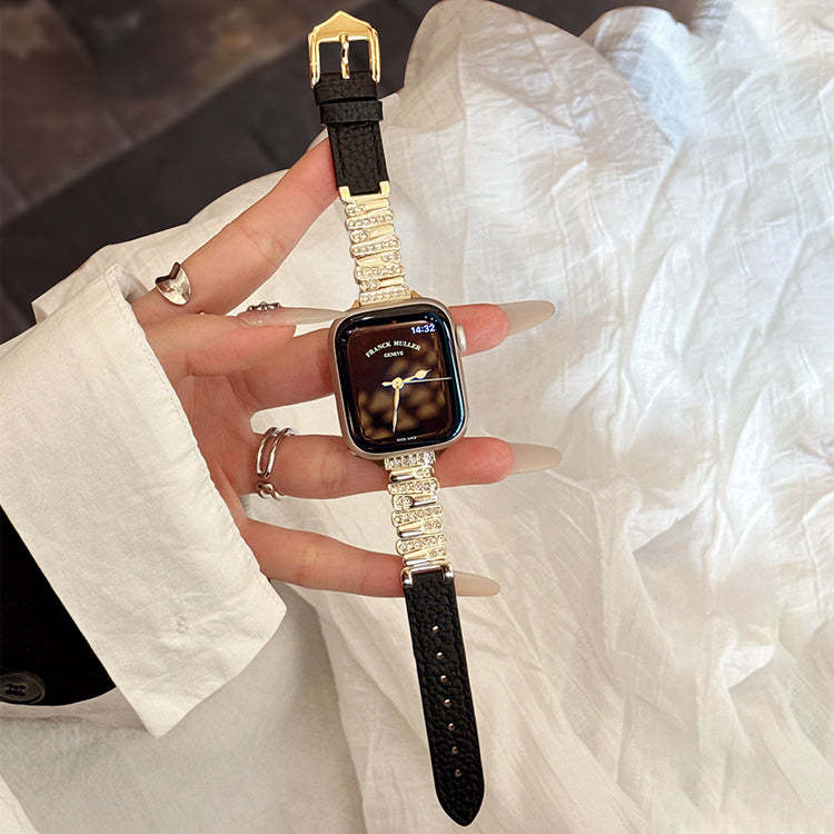 Irregular Diamond-Encrusted Leather Strap for Apple Watch Series 1-11