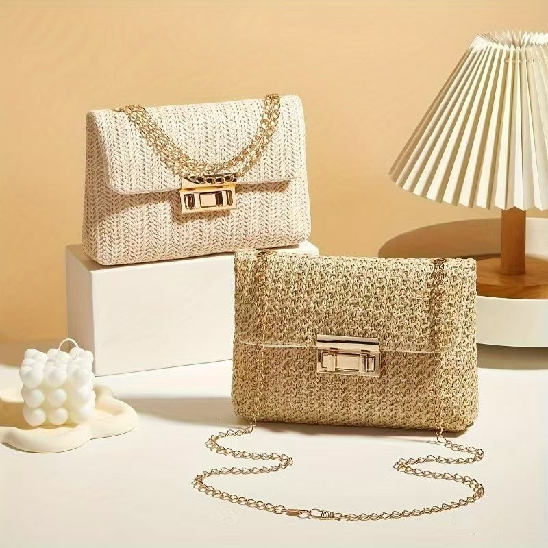 Straw Double-Ended Lock Shoulder Bag Chain Crossbody Bag