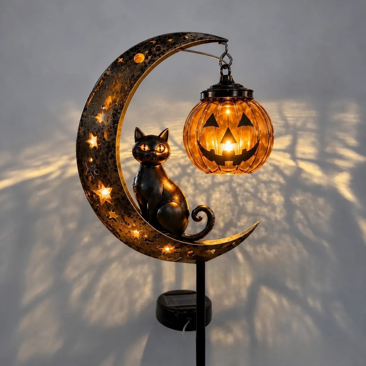 Solar Black Cat Pumpkin Stake Light